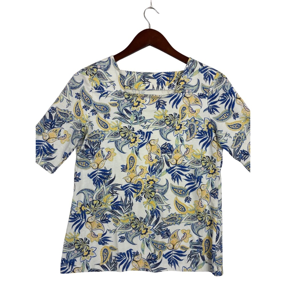 Coral Bay Womens Small Floral Paisley Top Blue Yellow White 3/4 Sleeve Shirt S